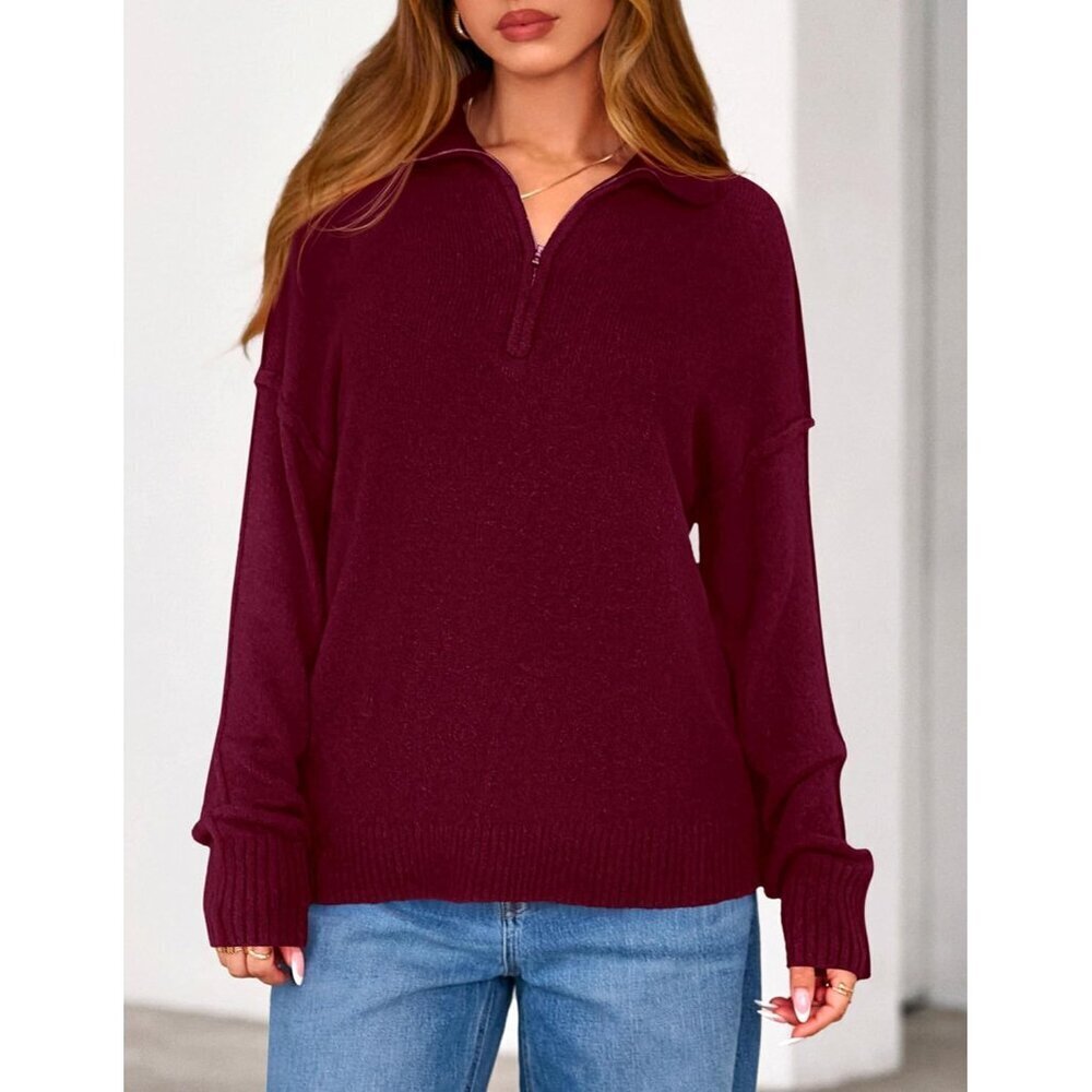 Women's V Neck Quarter Zip Sweater Fall Long Sleeve Collared Business Casual - Picture 6 of 8